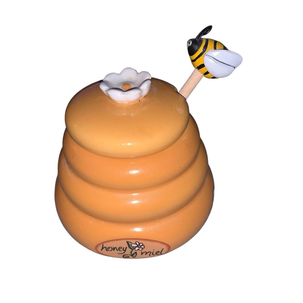 Honey Miel Mini Ceramic Beehive Jar Pot with Lid and Bee Wood Dipper Flawless